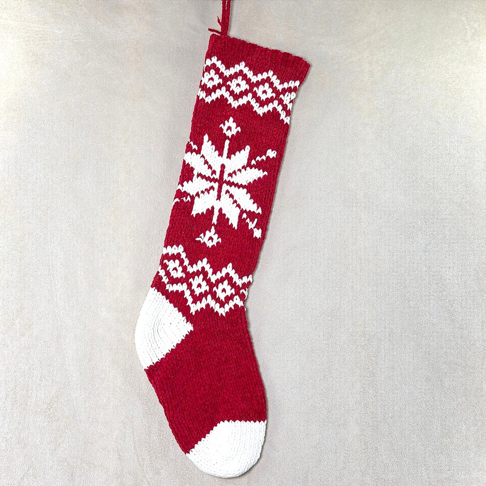 Red White Knit Christmas Stocking Snowflake Chenille Soft Holiday Decor